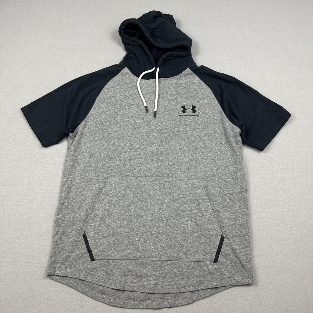 Under Armour Hoodie Men Medium Gray Black HeatGear Short Sleeve Pullover